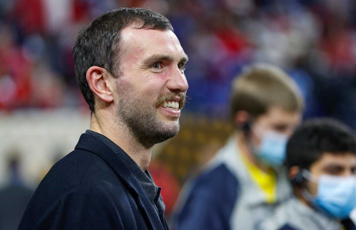 Andrew Luck makes an appearance on the field before the start of the College Football Playoff National Championship on Monday, Jan. 10, 2022, at Lucas Oil Stadium in Indianapolis. Alabama Crimson Tide Versus Georgia Bulldogs On Monday Jan 10 2022 College Football Playoff National Championship At Lucas Oil Stadium In Indianapolis